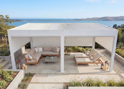 Aluminium Pergola 3x6m Weiß mit 6 Seitenwänden – Lamellendach Pavillon Sturmfest 100 km/h