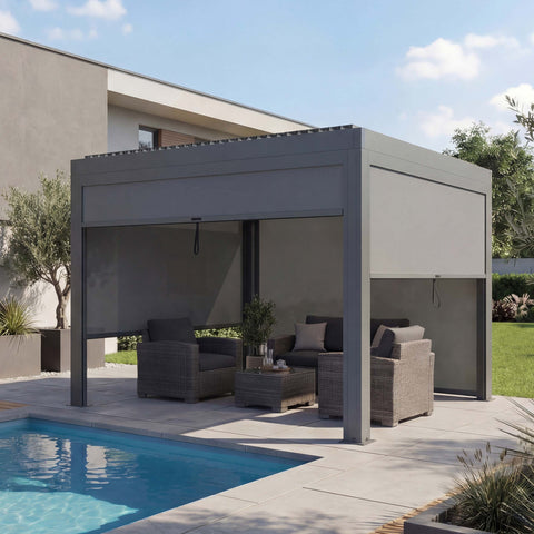 Aluminium Pergola 3x3m Anthrazit mit Seitenwänden - Lamellendach Pavillon sturmfest