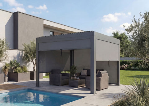 Aluminium Pergola 3x3m Anthrazit mit Seitenwänden - Lamellendach Pavillon sturmfest