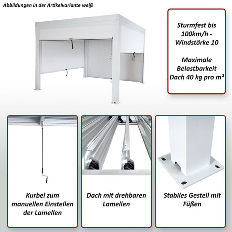 Aluminium Pergola 3x3m Anthrazit mit Lamellendach und Seitenwand - Sturmfest bis 100 km/h