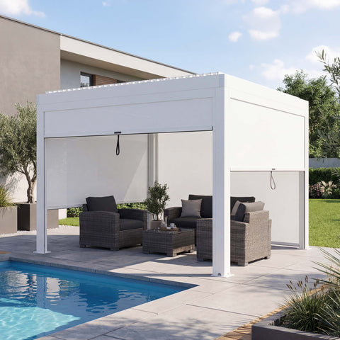 Premium Aluminium Pergola 3x3m Weiß mit Lamellendach & 4 Seitenwänden | Wasserdicht & Sturmfest