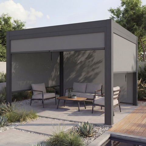 Aluminium Pergola 3x3m Anthrazit mit Lamellendach und Seitenwand - Sturmfest bis 100 km/h