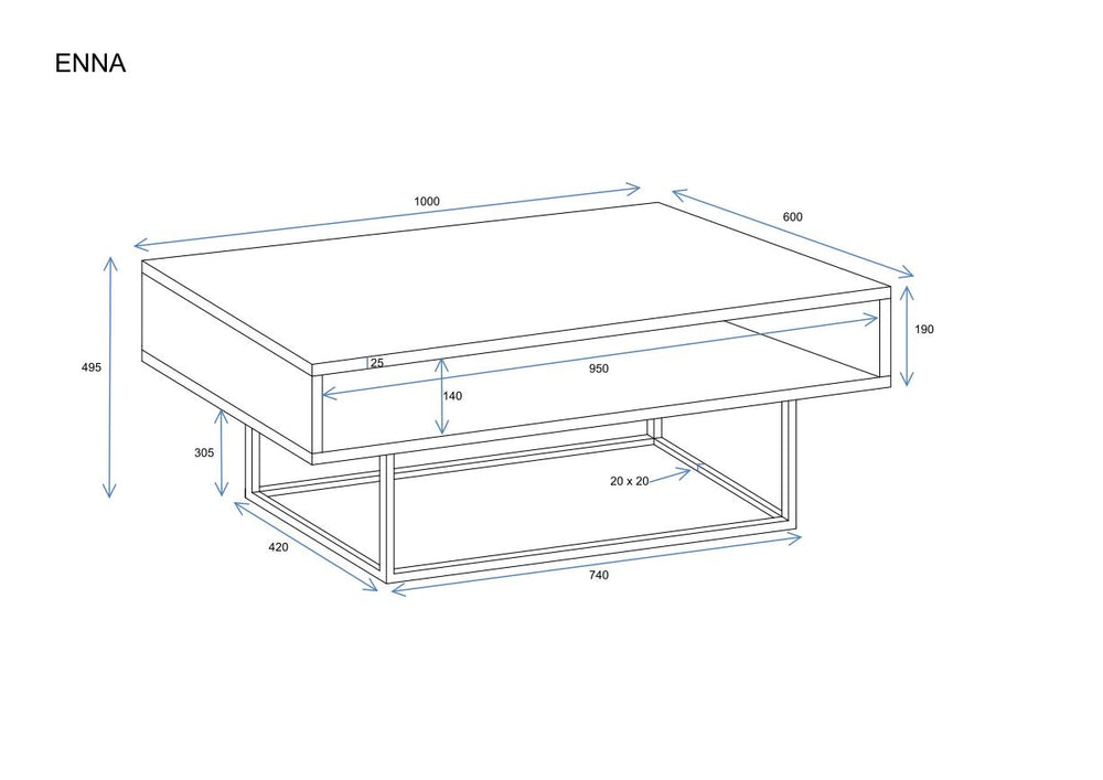 Couchtisch "Enna" 100cm - Technische Maße und Skizze 1