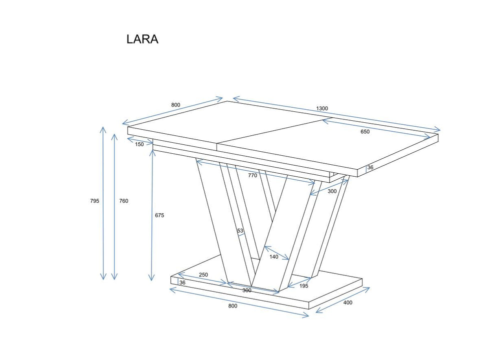 Ausziehbarer Esstisch "Lara White" 130-210cm (Eiche Monastery) - Technische Maße und Skizze 2