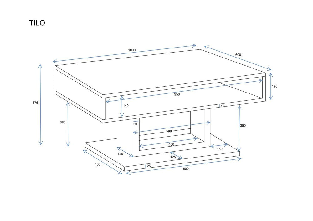 Couchtisch "Tilo" 100cm - Technische Maße und Skizze 1