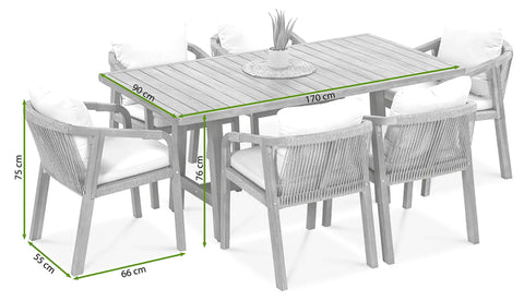 FURRORE Marigold 6+1 Gartenmöbel Essgruppe Akazienholz Grau Beige 170cm handgeflochten