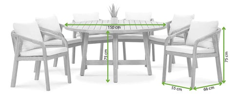 FURRORE Marigold 6+1 Round Garten-Essgruppe – Massives Akazienholz-Set mit Rundtisch Ø150cm & 6 handgeflochtenen Stühlen Beige