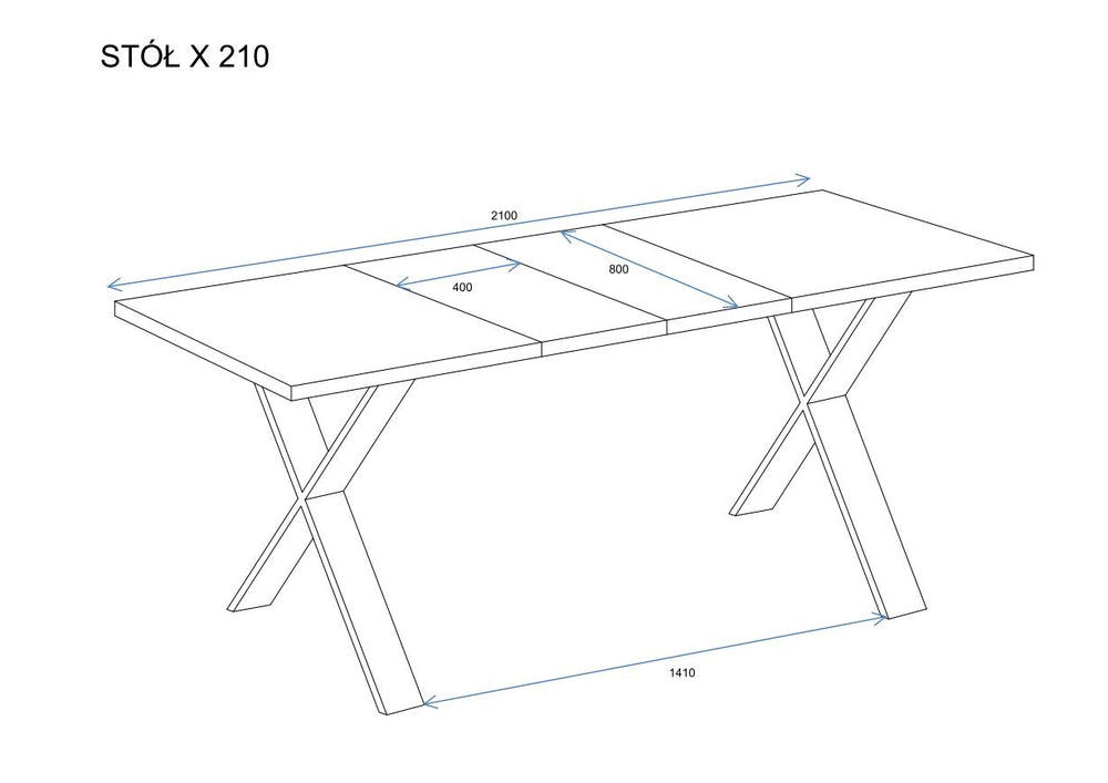 Ausziehbarer Esstisch "X" 130-210xm (Eiche Artisan) - Technische Maße und Skizze 2