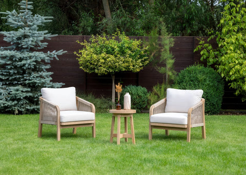 Furrore Marigold Balkonset 2+1 Akazienholz Helles Teakholz Grau – Handgeflochtene Sessel & Kaffeetisch