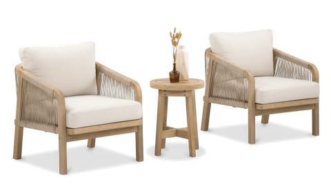 Furrore Marigold Balkonset 2+1 Akazienholz Helles Teakholz Grau – Handgeflochtene Sessel & Kaffeetisch