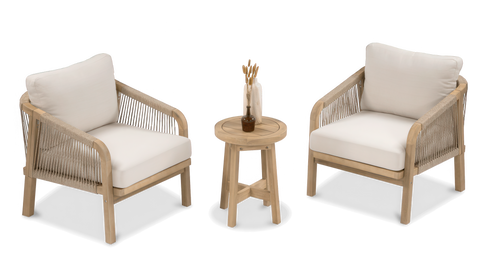 Furrore Marigold Balkonset 2+1 Akazienholz Helles Teakholz Grau – Handgeflochtene Sessel & Kaffeetisch