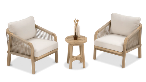 Furrore Marigold Balkonset 2+1 Akazienholz Helles Teakholz Grau – Handgeflochtene Sessel & Kaffeetisch