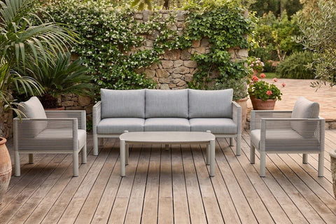 Bjorkka Gartenlounge-Set GENEVA PREMIUM Aluminium mit Rope Geflecht & Sinterstein-Tisch, Melange Grau