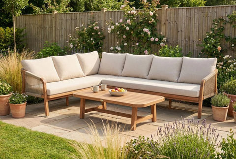 Bjorkka Gartenlounge-Set SKALA CAFFE Akazienholz Ecksofa 265,5x198 cm Beige