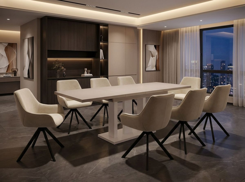 Essgruppe Appia White - Kaschmir-Beige mit 8 Stühlen in Samt Cremeweiß für 8 Personen