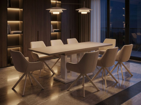 Essgruppe Appia White - Kaschmir-Beige mit 8 Stühlen in Leinen Beige mit beigem Gestell für 8 Personen