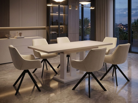 Essgruppe Appia White - Kaschmir-Beige mit 6 Stühlen in Samt Cremeweiß für 6 Personen
