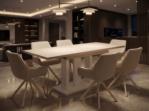 Essgruppe Appia White - Kaschmir-Beige mit 6 Stühlen in Leinen Beige mit beigem Gestell für 6 Personen