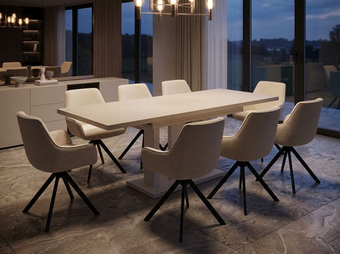 Essgruppe Appia White - Kaschmir-Beige mit 8 Stühlen in Chenille Cremeweiß für 8 Personen