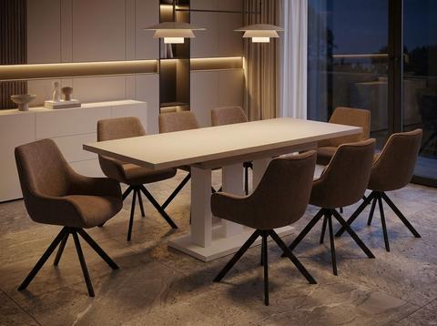 Essgruppe Appia White - Kaschmir-Beige mit 8 Stühlen in Leinen Braun für 8 Personen