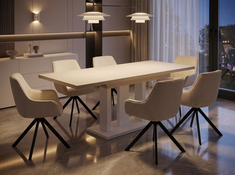 Essgruppe Appia White - Kaschmir-Beige mit 6 Stühlen in Chenille Cremeweiß für 6 Personen