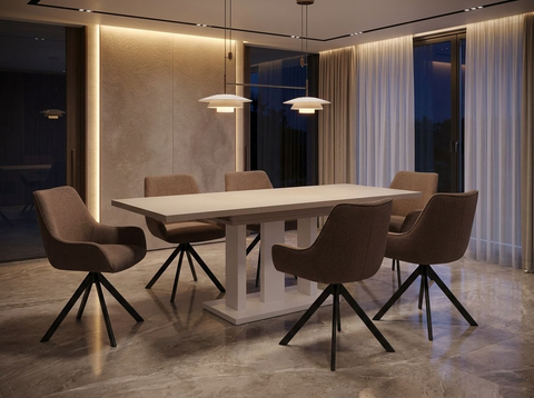 Essgruppe Appia White - Kaschmir-Beige mit 6 Stühlen in Leinen Braun für 6 Personen