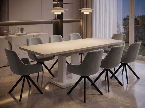 Essgruppe Appia White - Kaschmir-Beige mit 8 Stühlen in Samt Hellgrau für 8 Personen