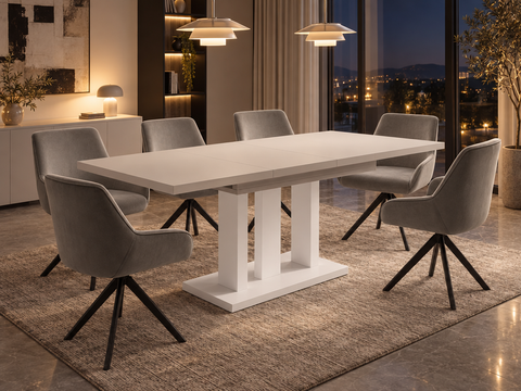 Essgruppe Appia White - Kaschmir-Beige mit 6 Stühlen in Samt Hellgrau für 6 Personen