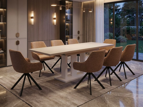 Essgruppe Appia White - Kaschmir-Beige mit 8 Stühlen in Chenille Orange für 8 Personen