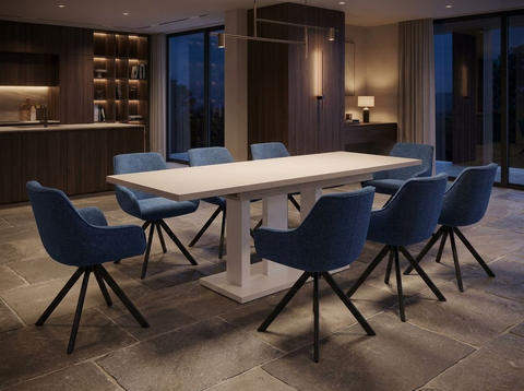 Essgruppe Appia White - Kaschmir-Beige mit 8 Stühlen in Chenille Dunkelblau für 8 Personen