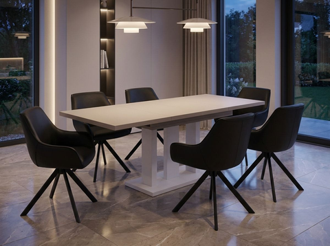 Essgruppe Appia White - Kaschmir-Beige mit 6 Stühlen in Kunstleder Schwarz für 6 Personen