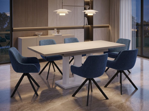 Essgruppe Appia White - Kaschmir-Beige mit 6 Stühlen in Chenille Dunkelblau für 6 Personen