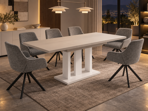 Essgruppe Appia White - Kaschmir-Beige mit 6 Stühlen in Leinen Hellgrau für 6 Personen