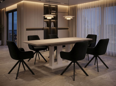 Essgruppe Appia White - Kaschmir-Beige mit 6 Stühlen in Samt Schwarz für 6 Personen