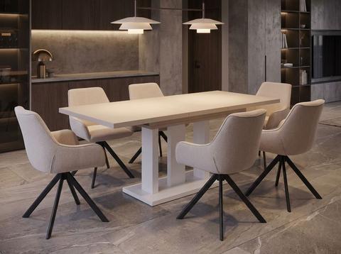 Essgruppe Appia White - Kaschmir-Beige mit 6 Stühlen in Leinen Beige für 6 Personen