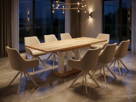 Essgruppe Appia White - Eiche Evoke mit 8 Stühlen in Leinen Beige mit beigem Gestell für 8 Personen