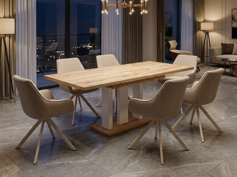 Essgruppe Appia White - Eiche Evoke mit 6 Stühlen in Leinen Beige mit beigem Gestell für 6 Personen