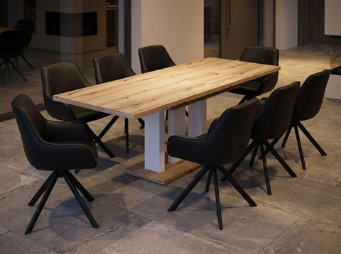 Essgruppe Appia White - Eiche Evoke mit 8 Stühlen in Kunstleder Schwarz für 8 Personen