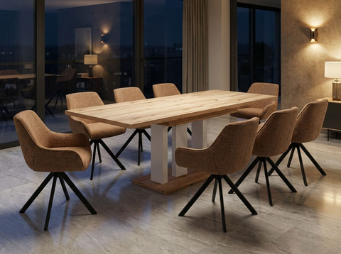 Essgruppe Appia White - Eiche Evoke mit 8 Stühlen in Chenille Orange für 8 Personen