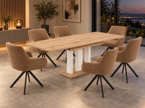 Essgruppe Appia White - Eiche Evoke mit 6 Stühlen in Chenille Orange für 6 Personen