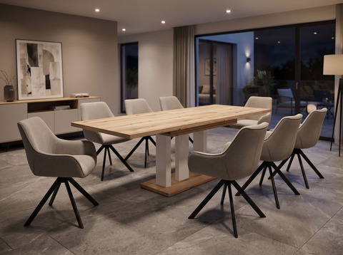 Essgruppe Appia White - Eiche Evoke mit 8 Stühlen in Leinen Beige für 8 Personen