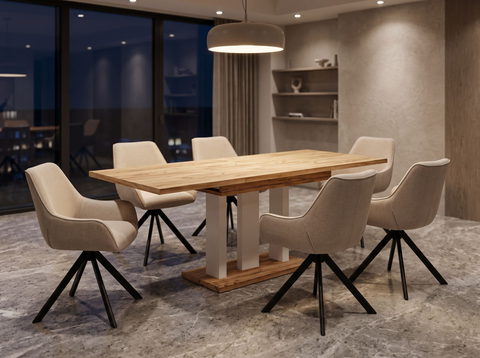 Essgruppe Appia White - Eiche Craft Gold mit 6 Stühlen in Leinen Beige für 6 Personen
