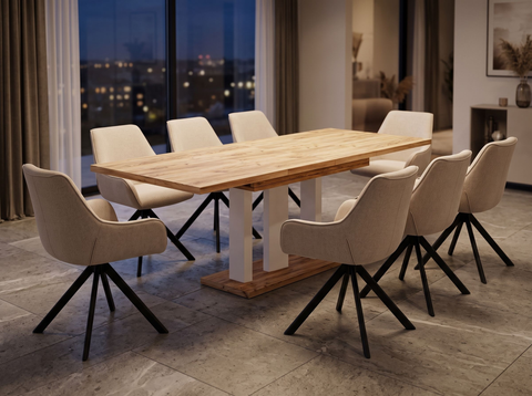 Essgruppe Appia White - Eiche Craft Gold mit 8 Stühlen in Leinen Beige für 8 Personen