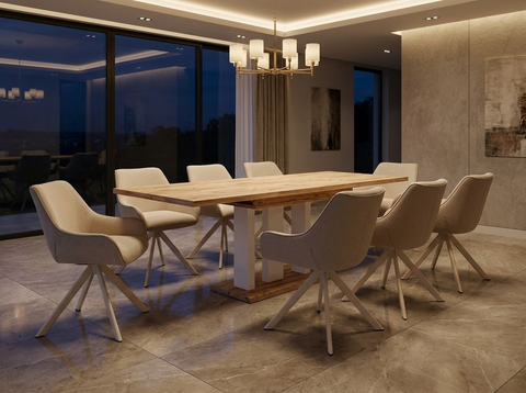 Essgruppe Appia White - Eiche Craft Gold mit 8 Stühlen in Leinen Beige mit beigem Gestell für 8 Personen