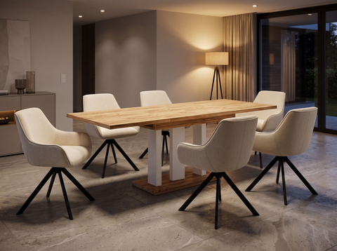 Essgruppe Appia White - Eiche Craft Gold mit 6 Stühlen in Chenille Cremeweiß für 6 Personen