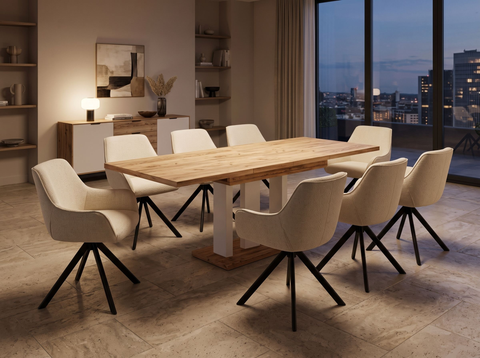 Essgruppe Appia White - Eiche Craft Gold mit 8 Stühlen in Chenille Cremeweiß für 8 Personen