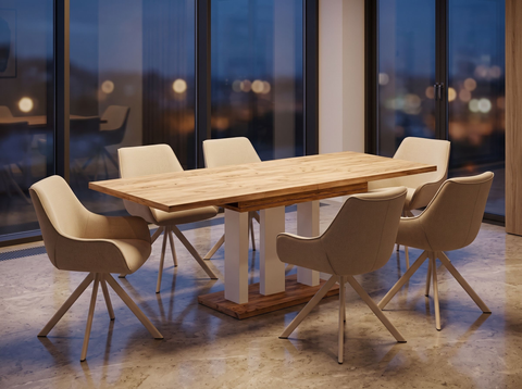 Essgruppe Appia White - Eiche Craft Gold mit 6 Stühlen in Leinen Beige mit beigem Gestell für 6 Personen