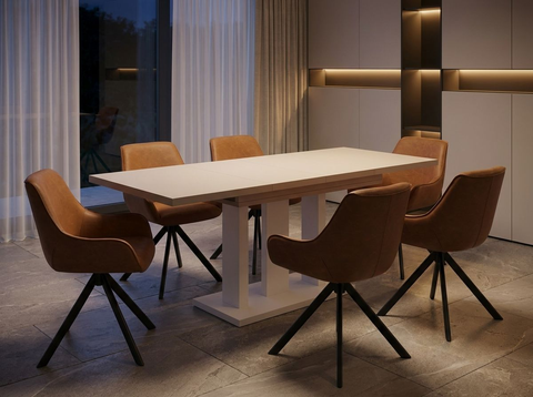 Essgruppe Appia White - Kaschmir-Beige mit 6 Stühlen in Kunstleder Braun für 6 Personen