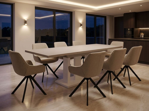 Essgruppe Appia White - Kaschmir-Beige mit 8 Stühlen in Leinen Greige für 8 Personen