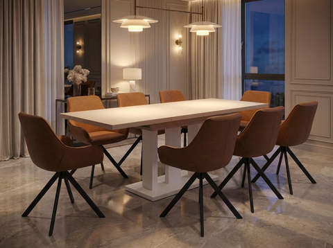 Essgruppe Appia White - Kaschmir-Beige mit 8 Stühlen in Kunstleder Braun für 8 Personen